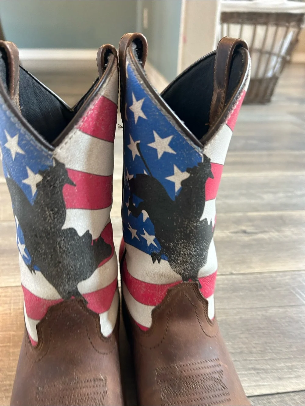 Dan Post Brown Boots with Red, White & Blue Flag design and bull rider